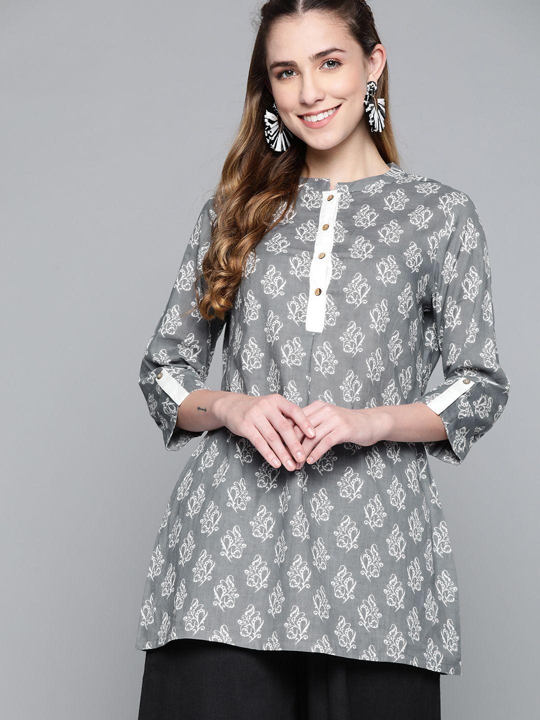 here&now-grey-&-white-floral-print-pure-cotton-kurti