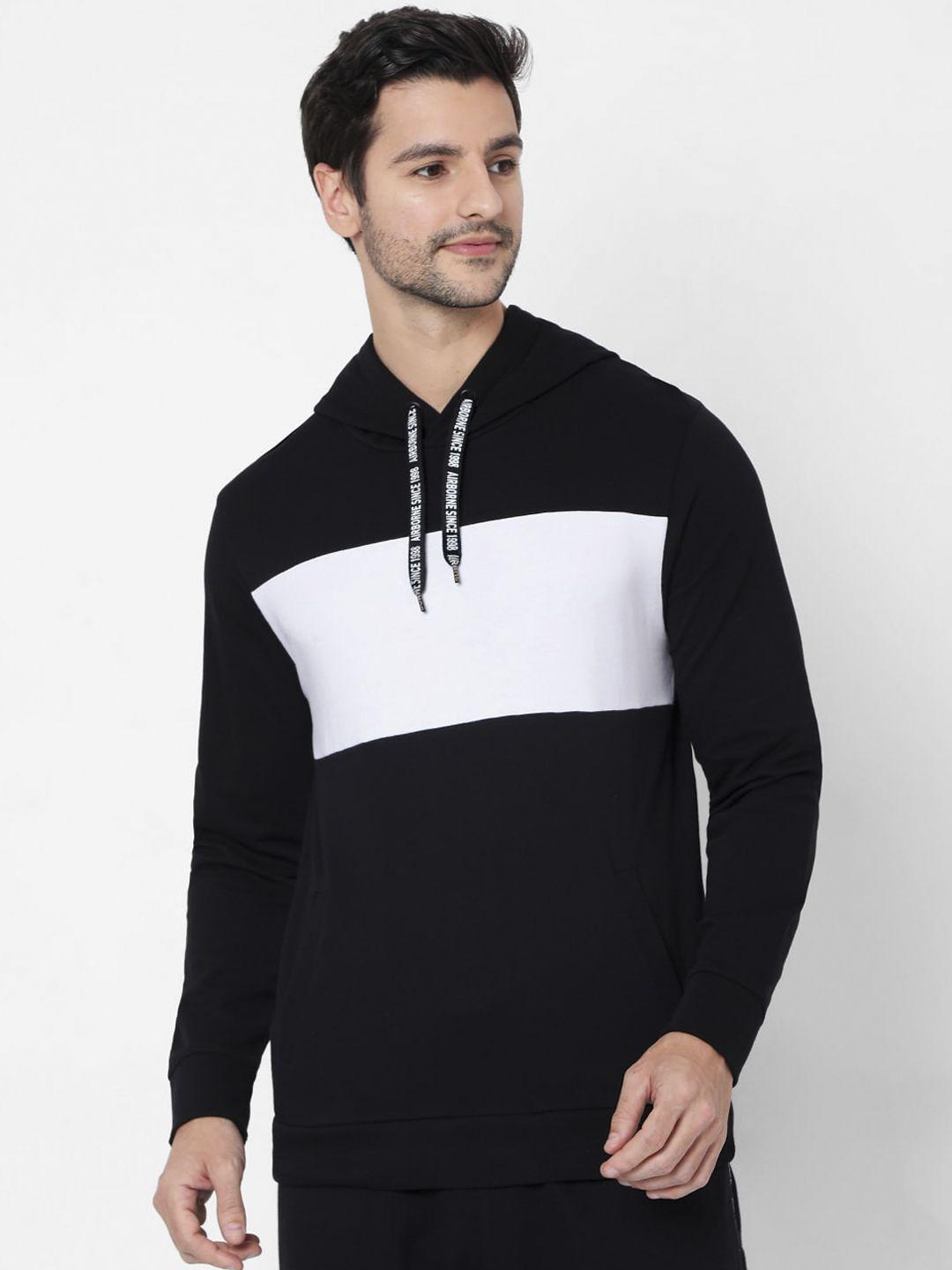 mufti-men-black-colourblocked-hooded-pure-cotton-sweatshirt