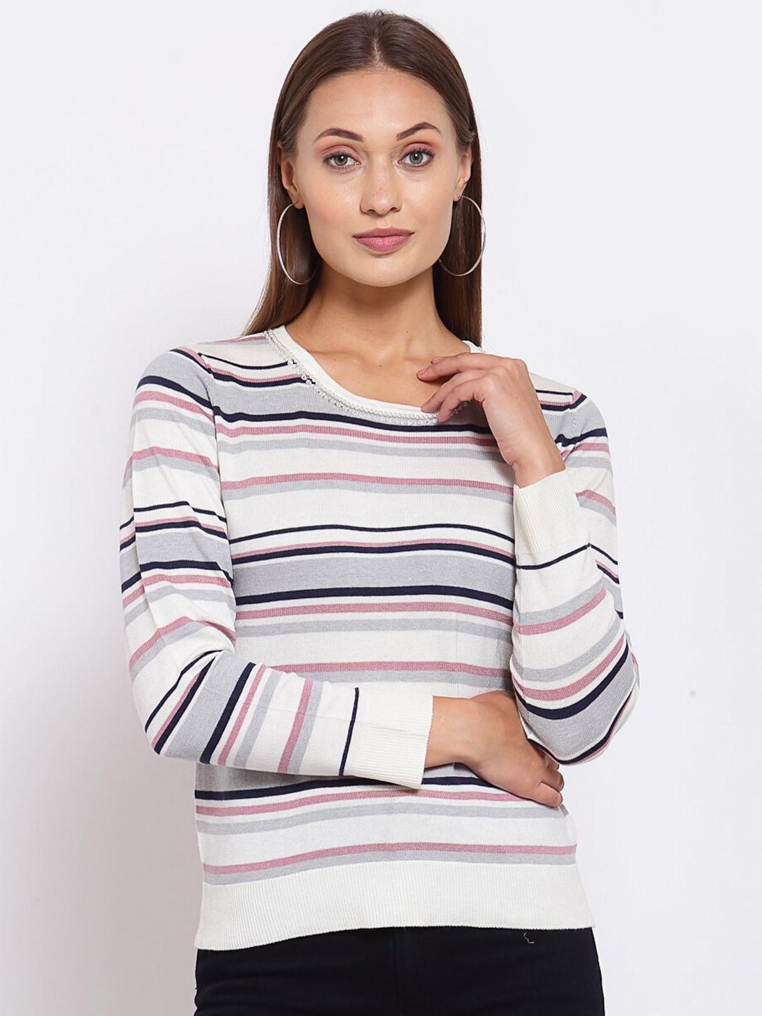 klotthe-women-white-&-pink-striped-woolen-pullover