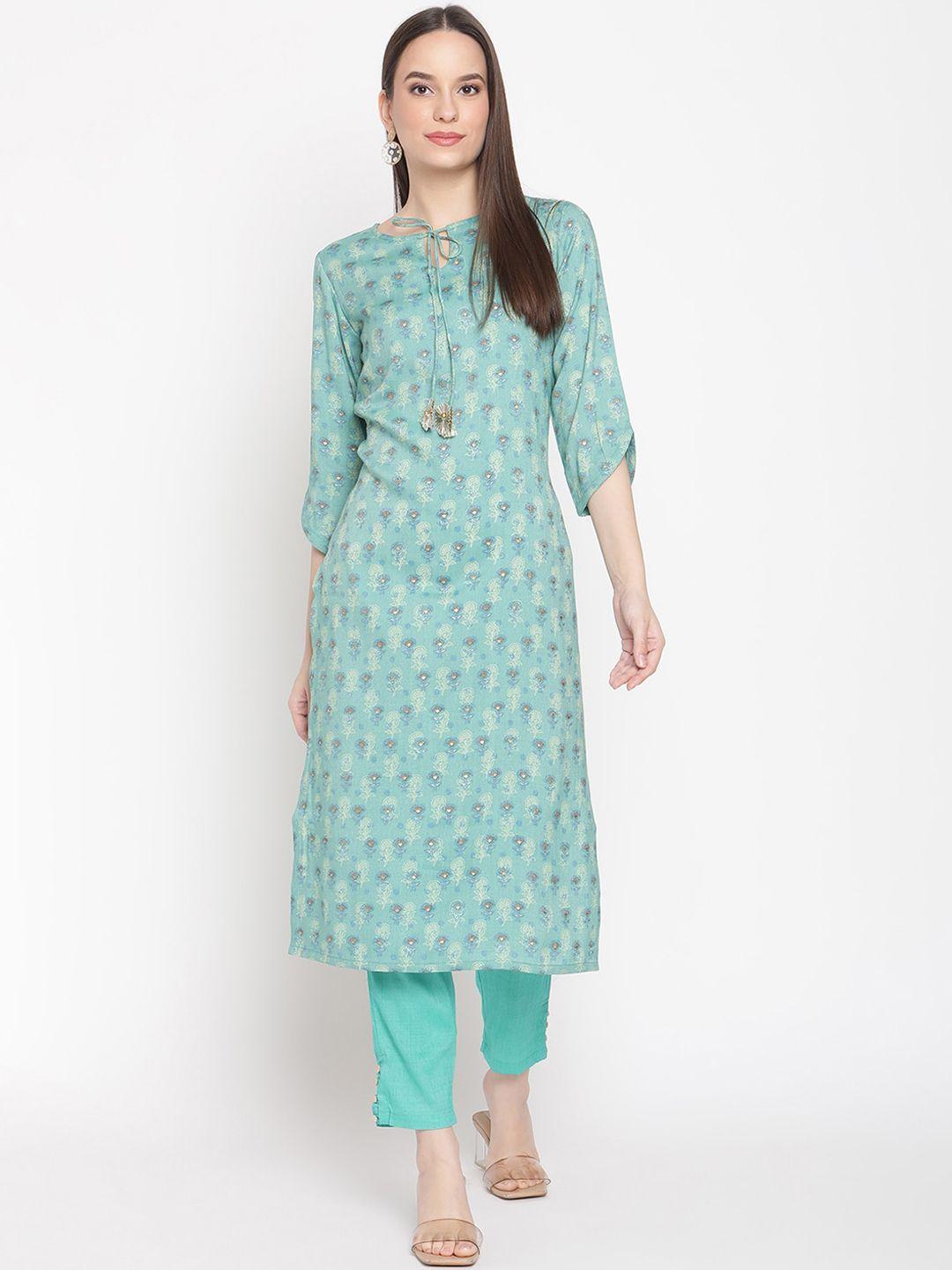 be-indi-women-turquoise-blue-floral-printed-straight-kurta-with-trousers
