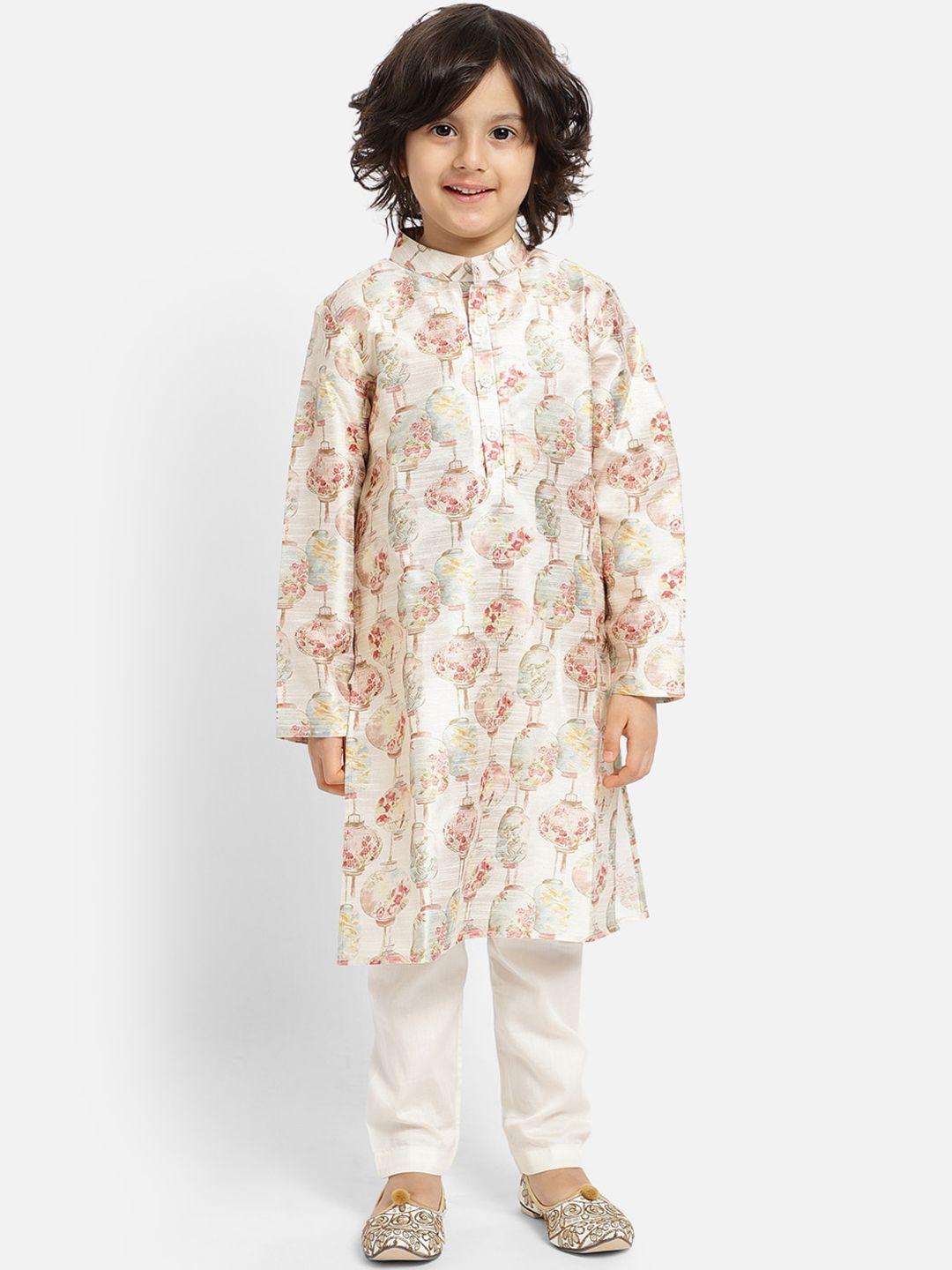 piccolo-boys-cream-coloured-floral-printed-regular-kurta-with-trousers