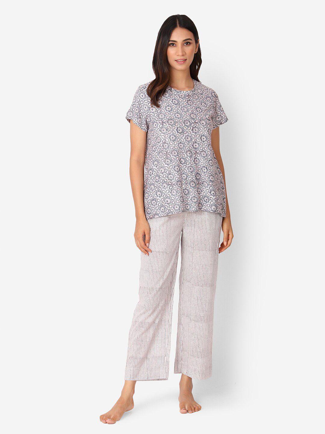 fabindia-women-grey-&-white-pure-cotton-printed-top-with-pyjamas