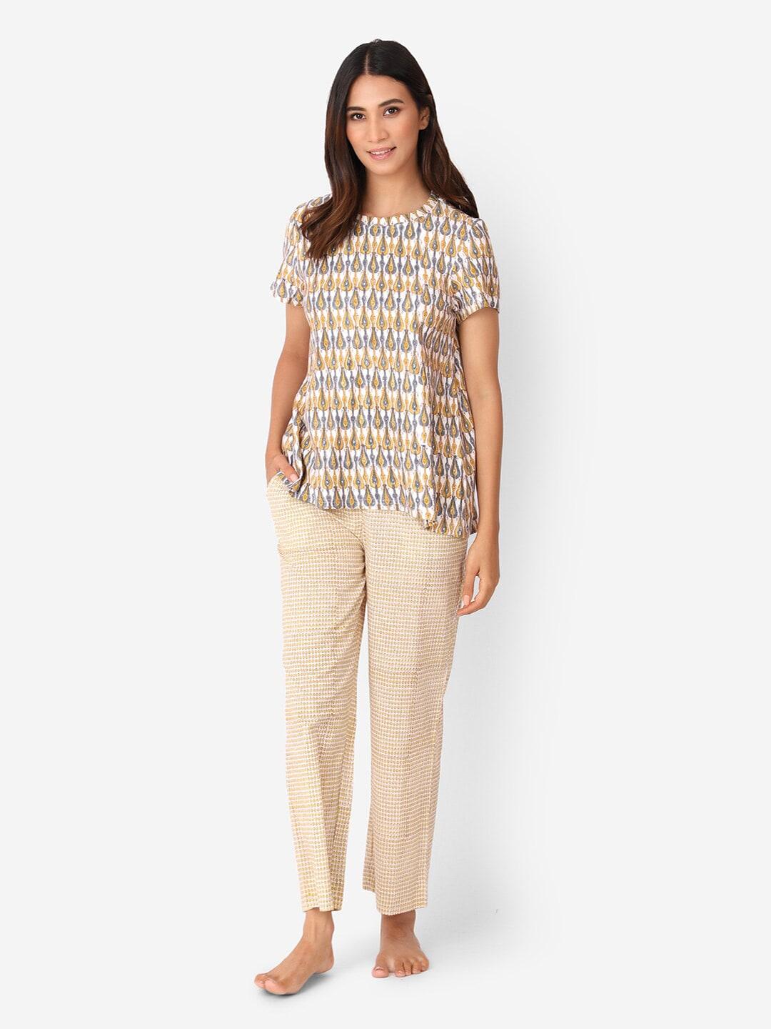 fabindia-women-beige-&-blue-printed-t-shirt-with-pyjamas