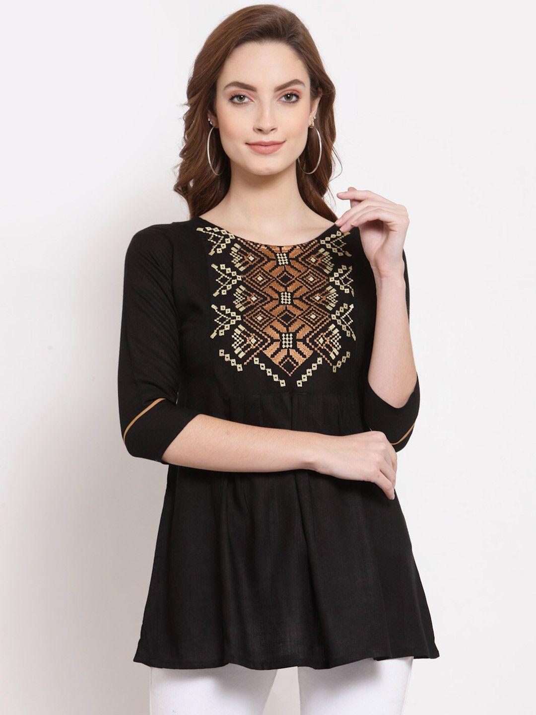 serona-fabrics-black-&-brown-geometric-embroidered-kurti