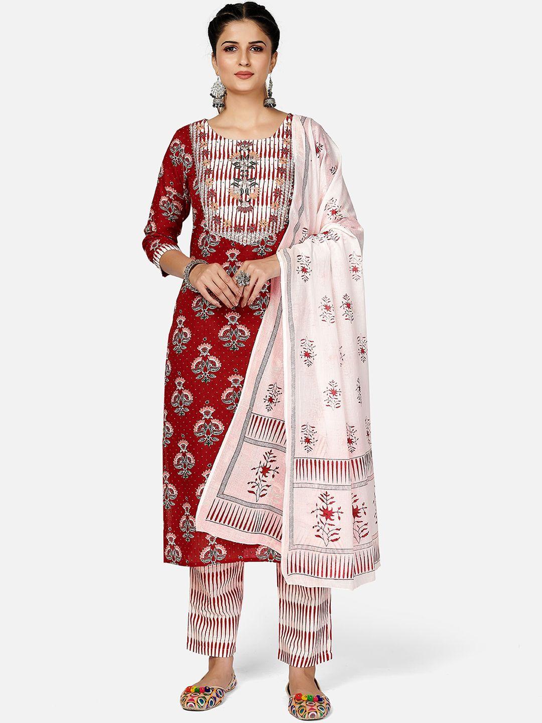 vbuyz-women-red-ethnic-motifs-printed-regular-thread-work-pure-cotton-kurta-with-trousers-&-with-dupatta