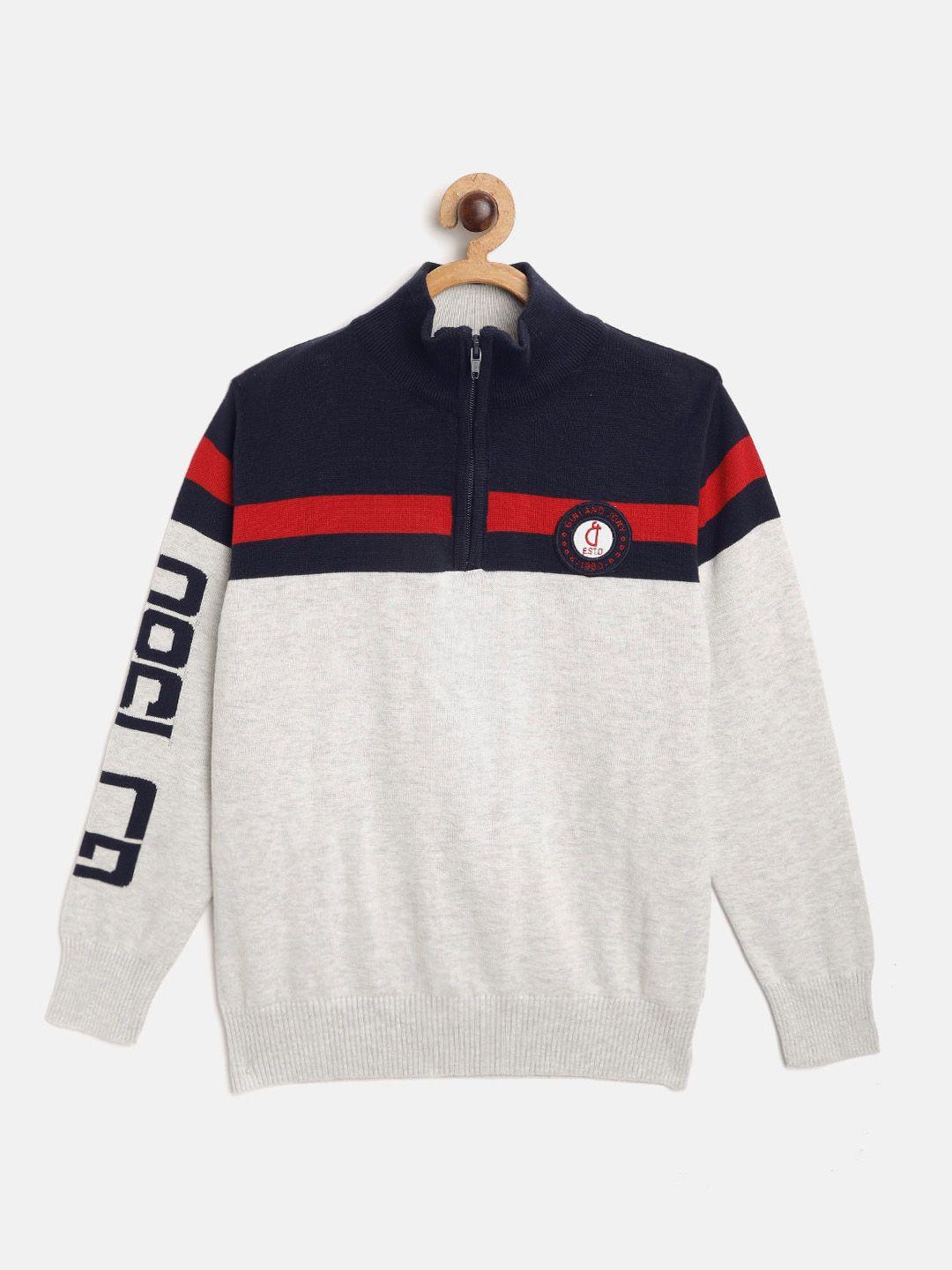 gini-and-jony-boys-grey-melange-&-navy-blue-striped-pullover-with-applique-detail