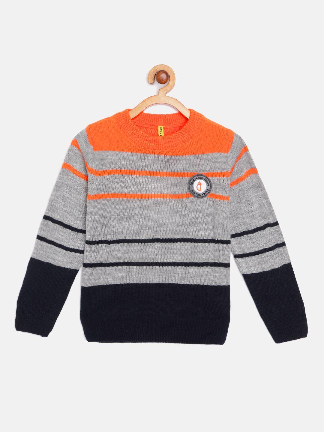 gini-and-jony-boys-grey-melange-&-orange-striped-pullover-with-applique-detail