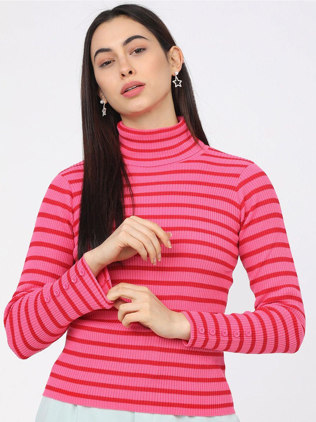 tokyo-talkies-women-pink-&-red-striped-turtle-neck-acrylic-pullover-sweater