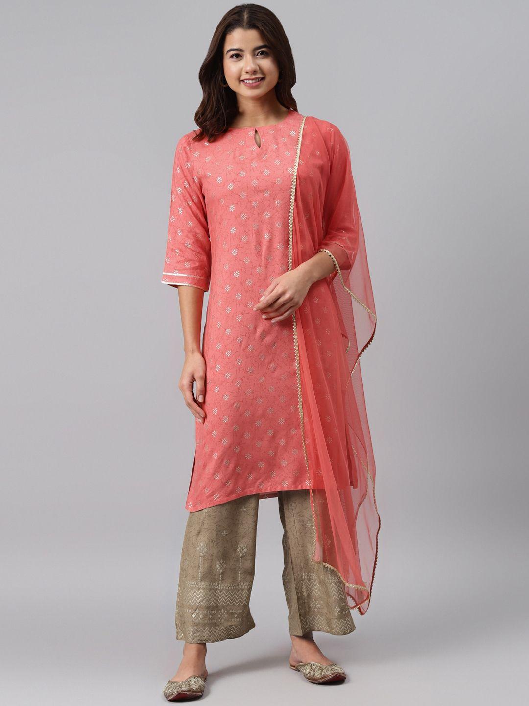 gerua-women-pink-&-beige-ethnic-motifs-printed-regular-kurta-with-palazzos-&-dupatta