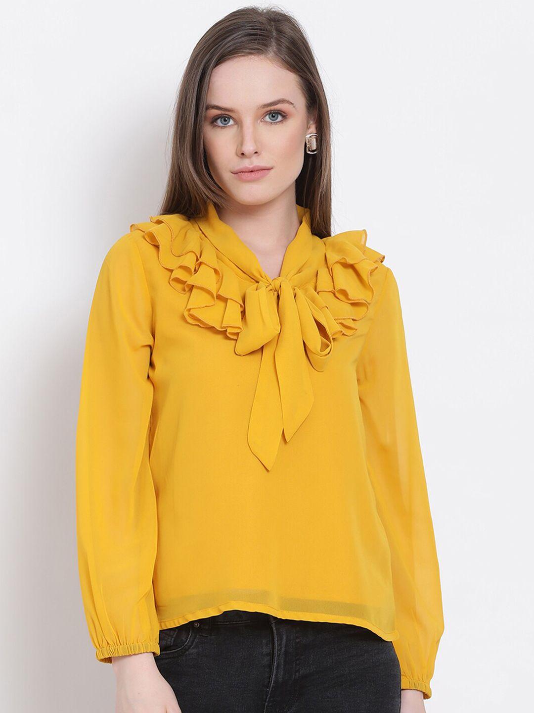 draax-fashions-yellow-tie-up-neck-georgette-regular-top