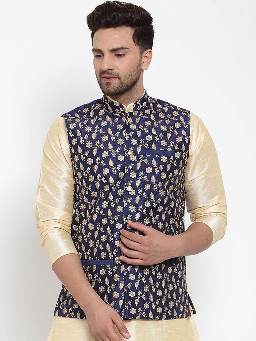 kraft-india-men-navy-blue-&-gold-coloured-woven-embroidered-nehru-jacket