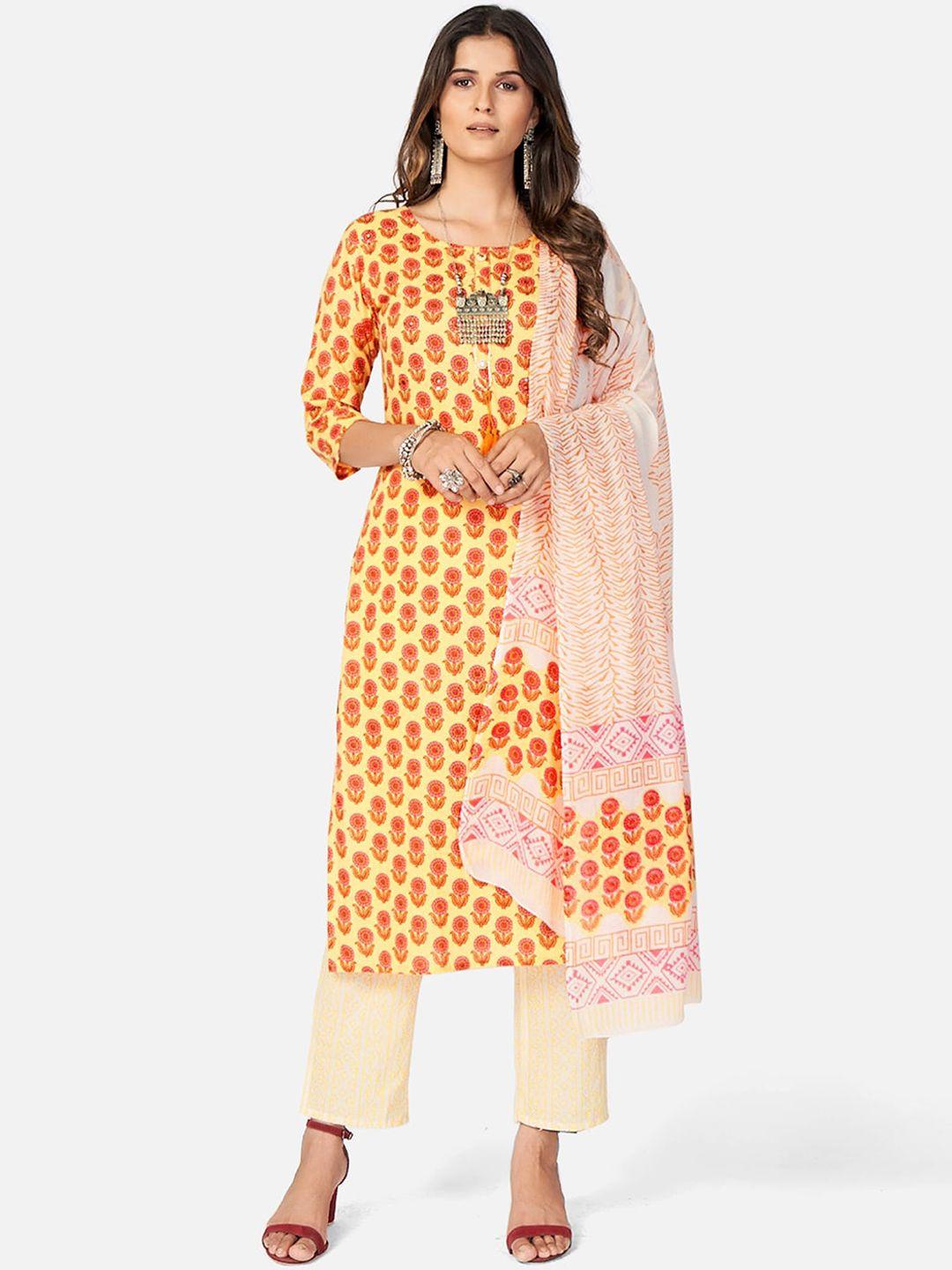 vbuyz-women-yellow-ethnic-motifs-printed-regular-sequinned-pure-cotton-kurti-with-trousers-&-with-dupatta