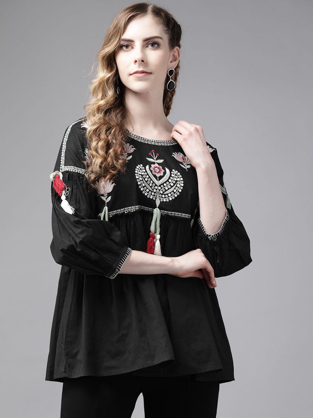 ishin-black-floral-embroidered-empire-top