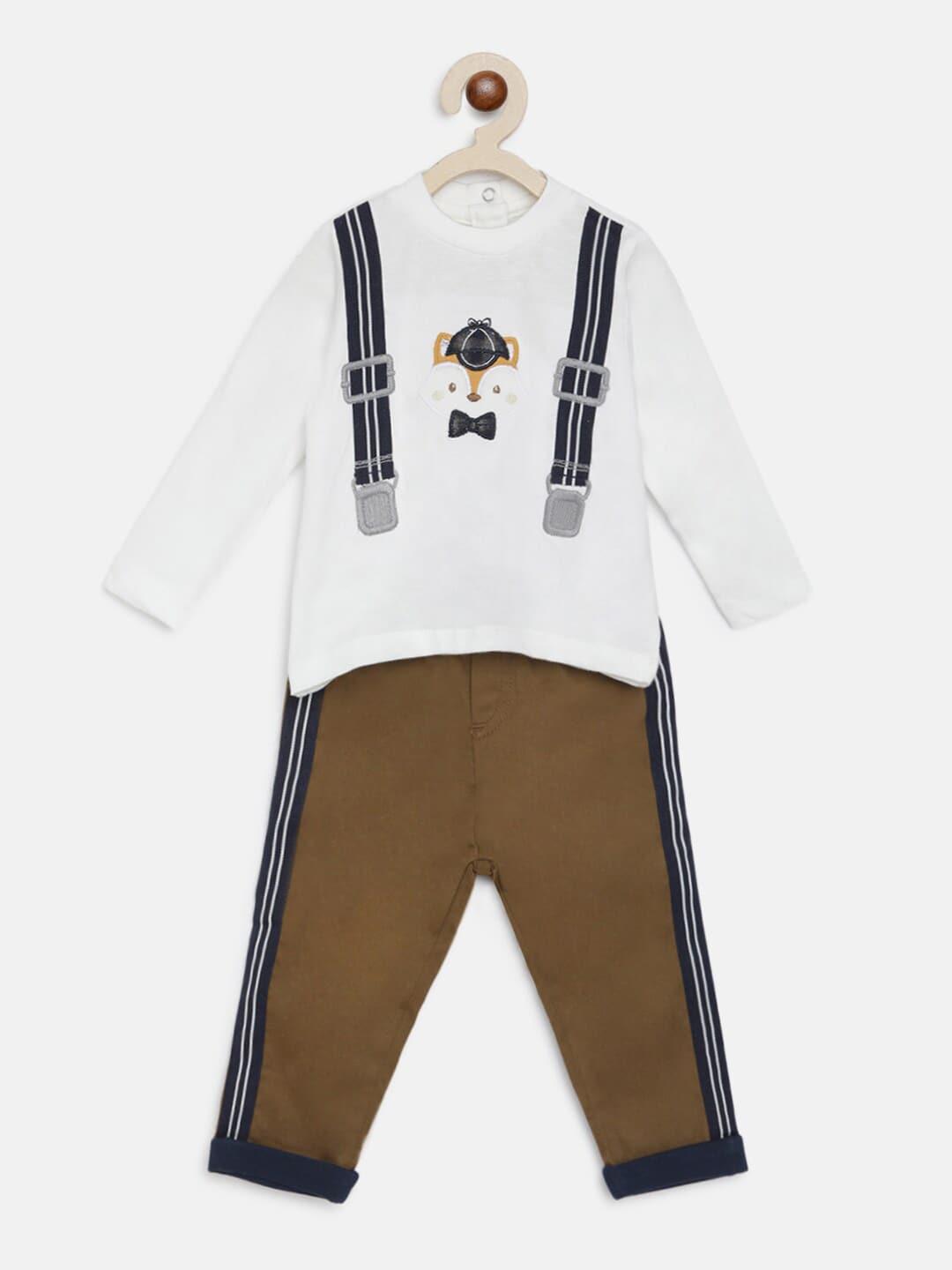 chicco-boys-brown-&-off-white-applique-pure-cotton-t-shirt-with-trousers
