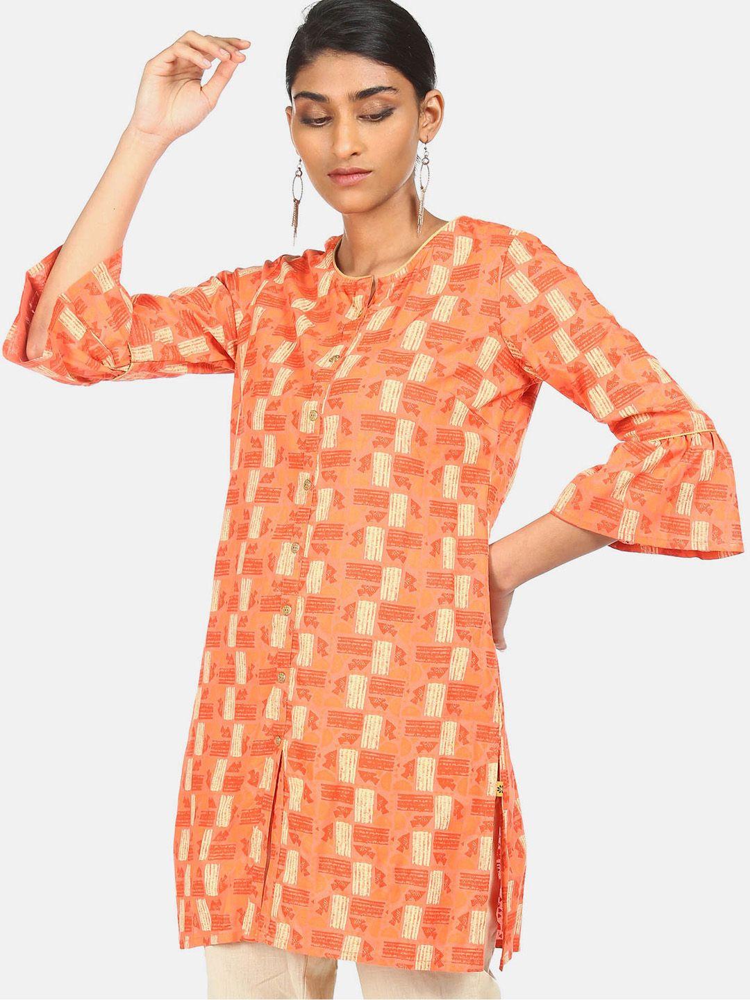 karigari-orange-&-beige-geometric-printed-flared-sleeves-kurti