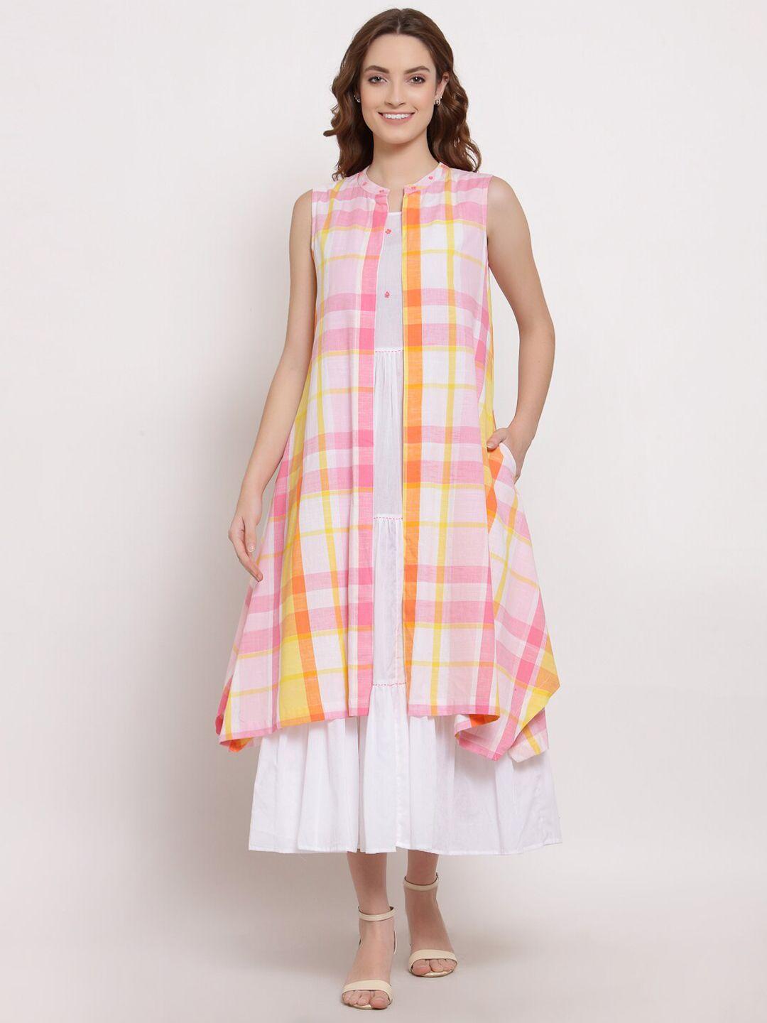 terquois-pink-&-white-checked-layered-a-line-midi-dress