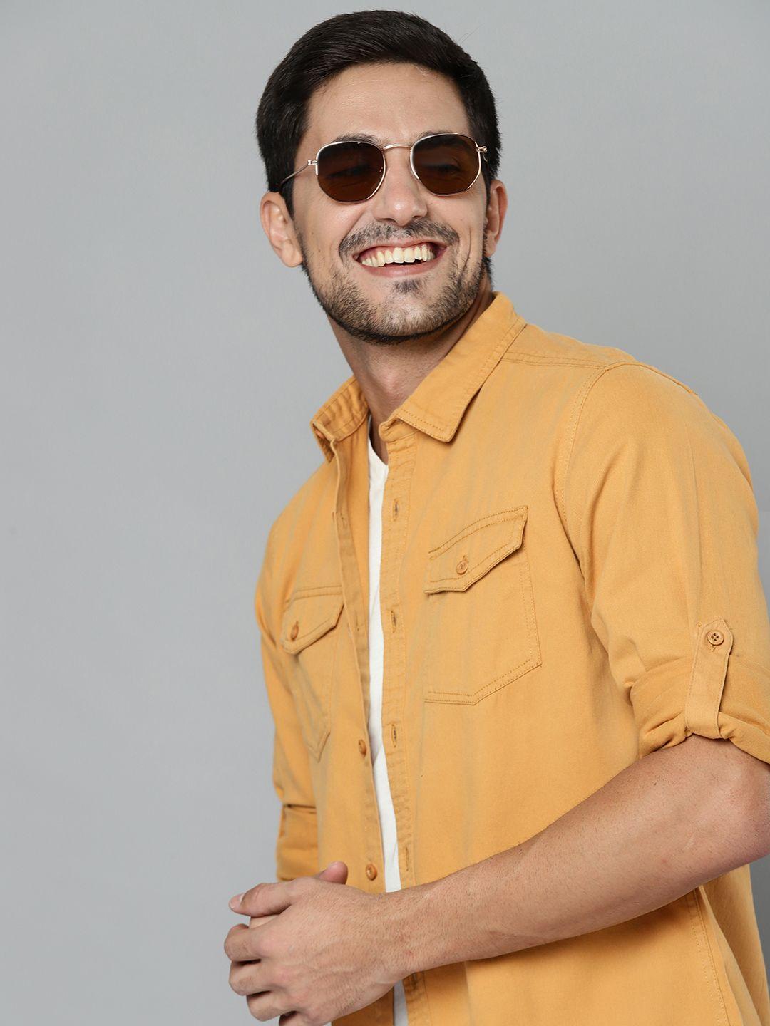 here&now-men-beige-solid-pure-cotton-slim-fit-sustainable-casual-shirt