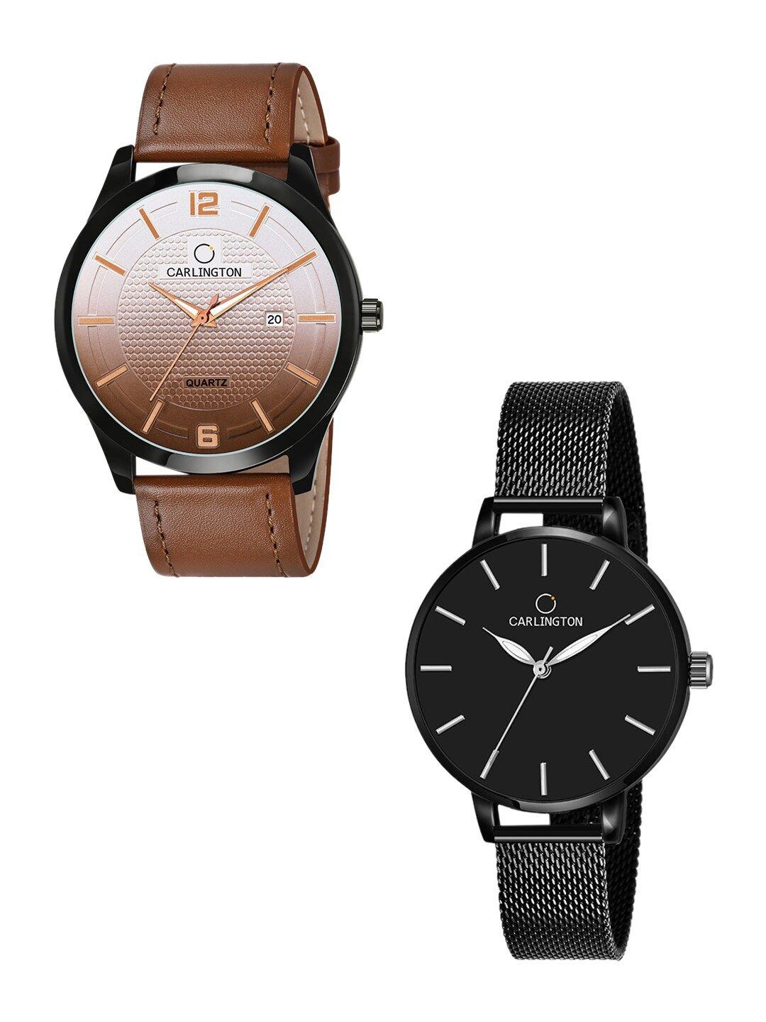 carlington-his-&-her-tan-leather-straps-analogue-watch-combo-ct1010-tan