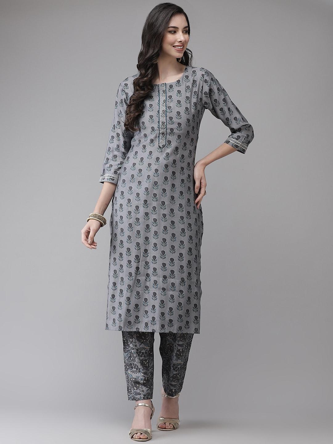 ishin-women-grey-printed-regular-kurta-with-trousers