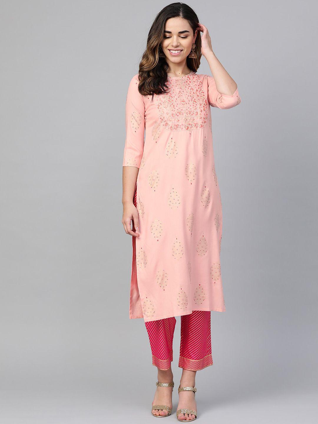 anubhutee-women-peach-coloured-ethnic-motifs-embroidered-regular-kurta-with-trousers