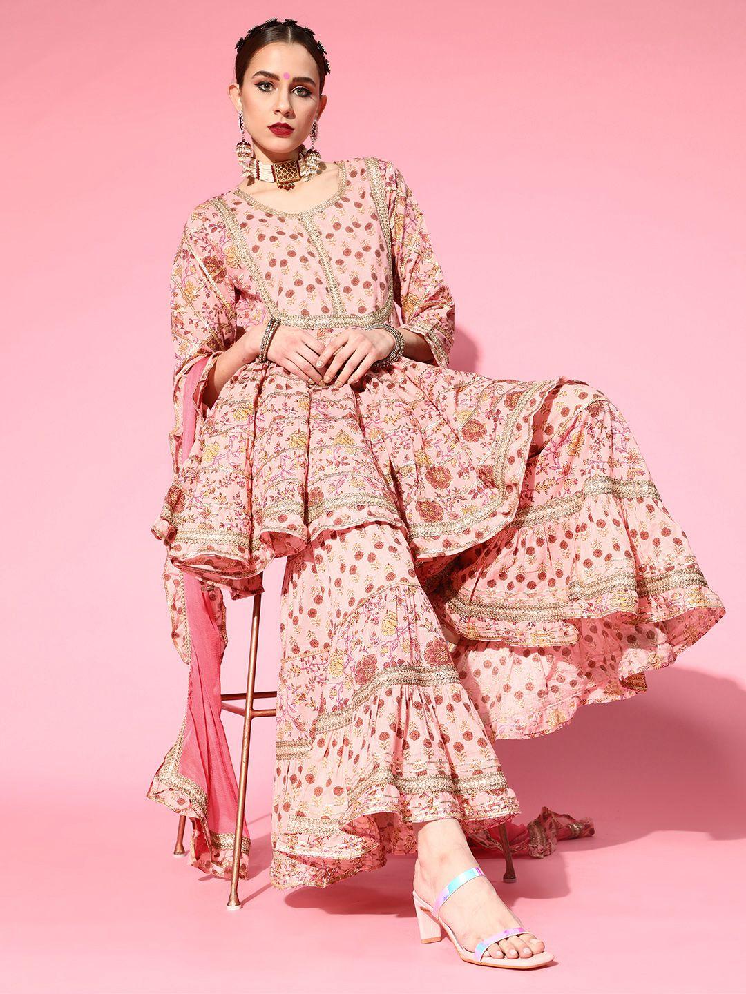 ishin-women-peach-coloured-floral-embroidered-regular-gotta-patti-pure-cotton-kurta-with-sharara-&-with