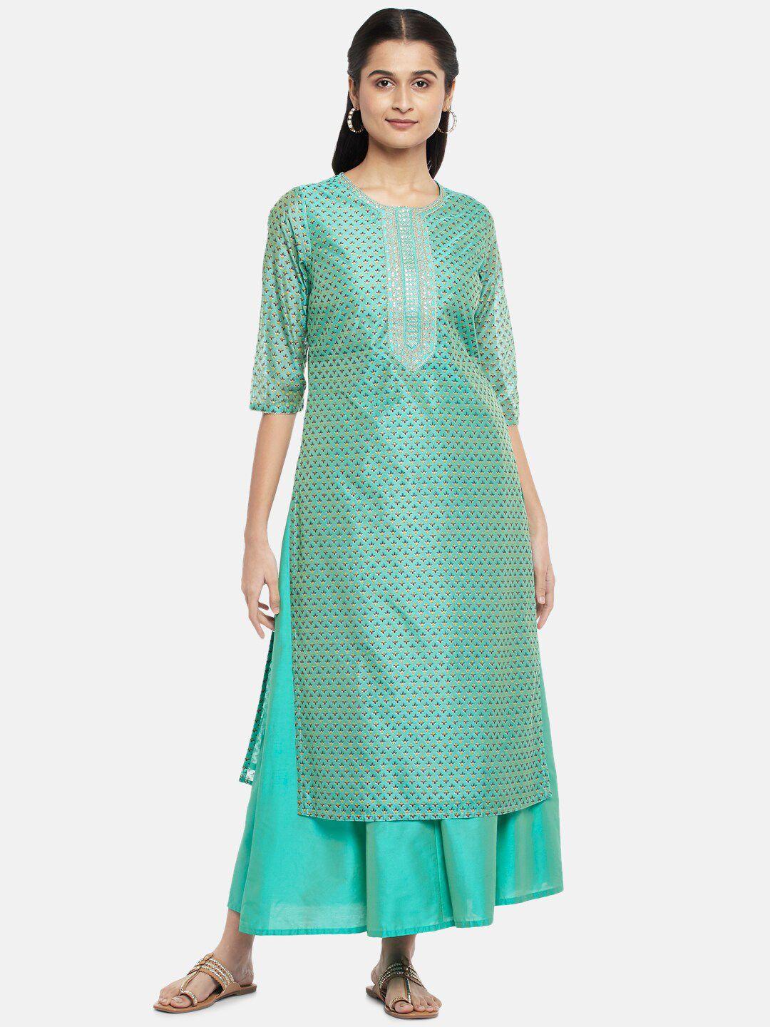 rangmanch-by-pantaloons-women-blue-printed-chanderi-silk-kurti-with-palazzos