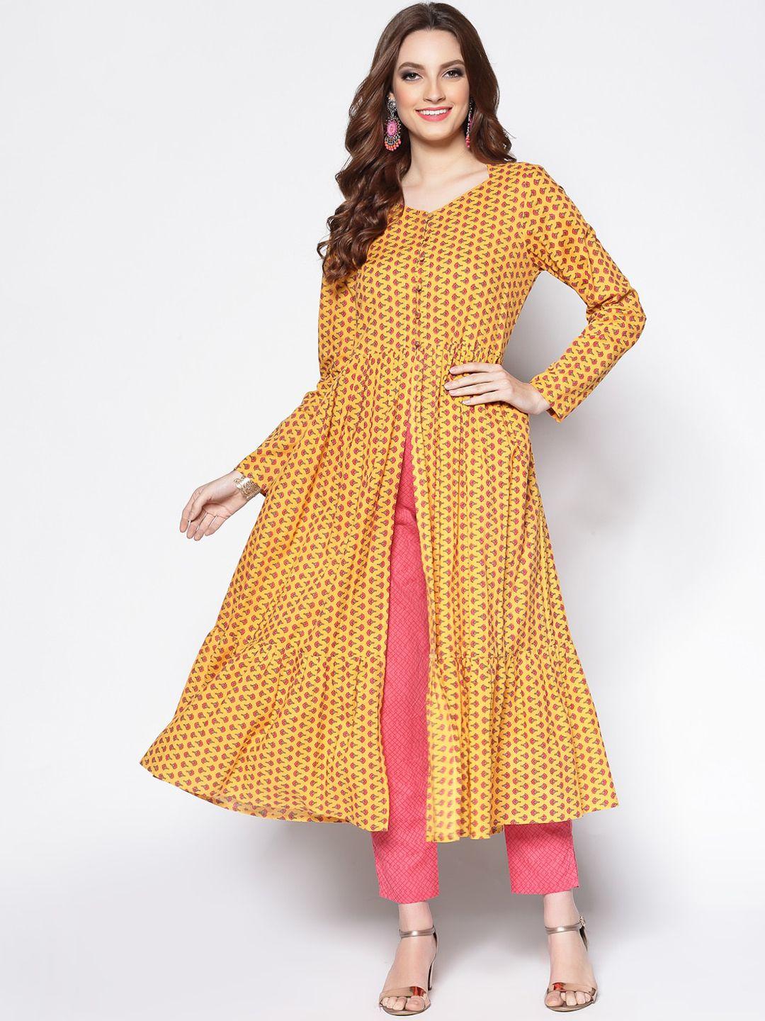 sera-women-yellow-&-pink-ethnic-motifs-printed-tiered-pure-cotton-kurta-with-trousers