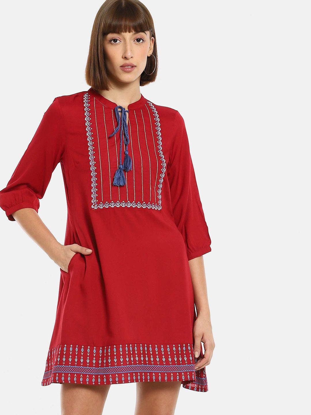 karigari-red-yoke-embroidered-tie-up-neck-a-line-dress