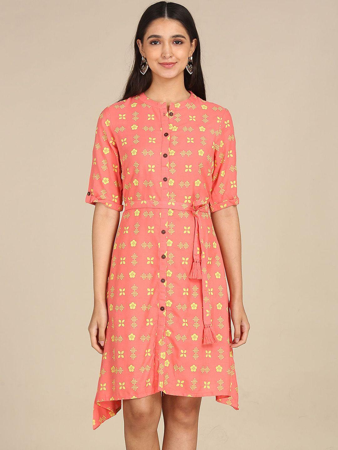 karigari-women-peach-&-yellow-printed-belted-shirt-dress