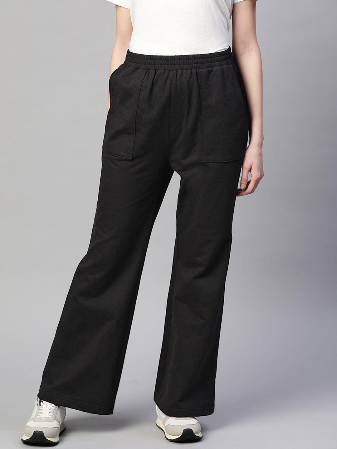 laabha-womens-black-solid-mid-rise-flared-track-pants