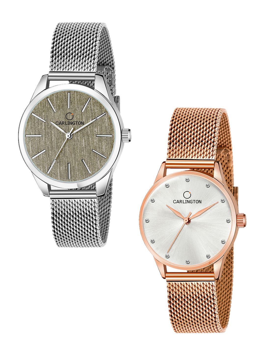 carlington-women-pack-of-2-multicoloured-dial-silver-&-rose-gold-bracelet-style-watch