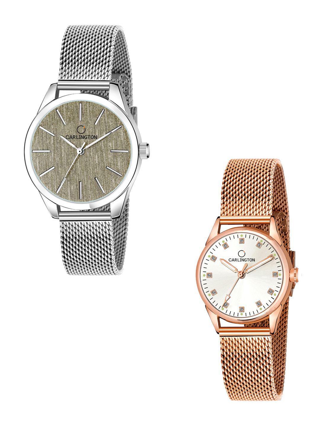 carlington-women-set-of-2-multi-stainless-steel-bracelet-style-straps-analogue-watches