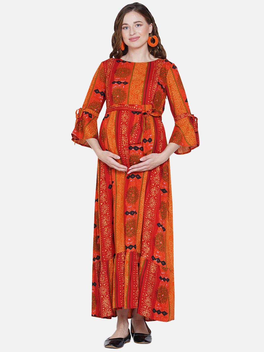 mine4nine-women-orange-&-yellow-ethnic-motifs-printed-belted-maternity-maxi-dress