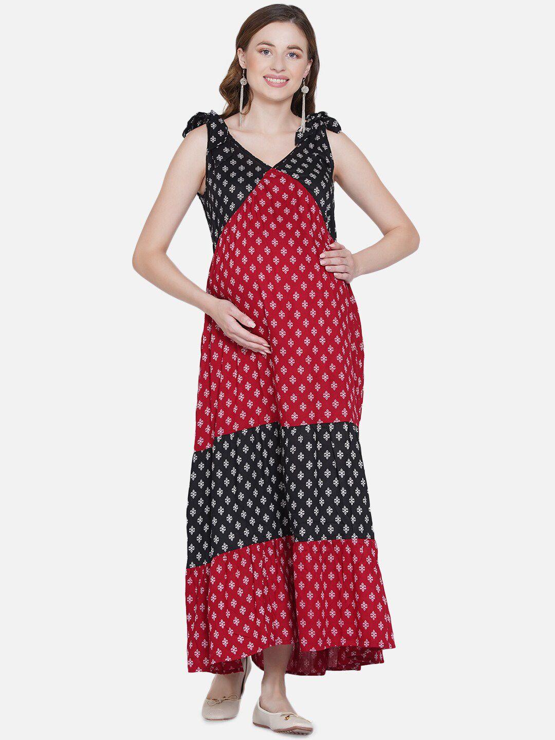 mine4nine-red-&-black-ethnic-motifs-maternity-maxi-dress