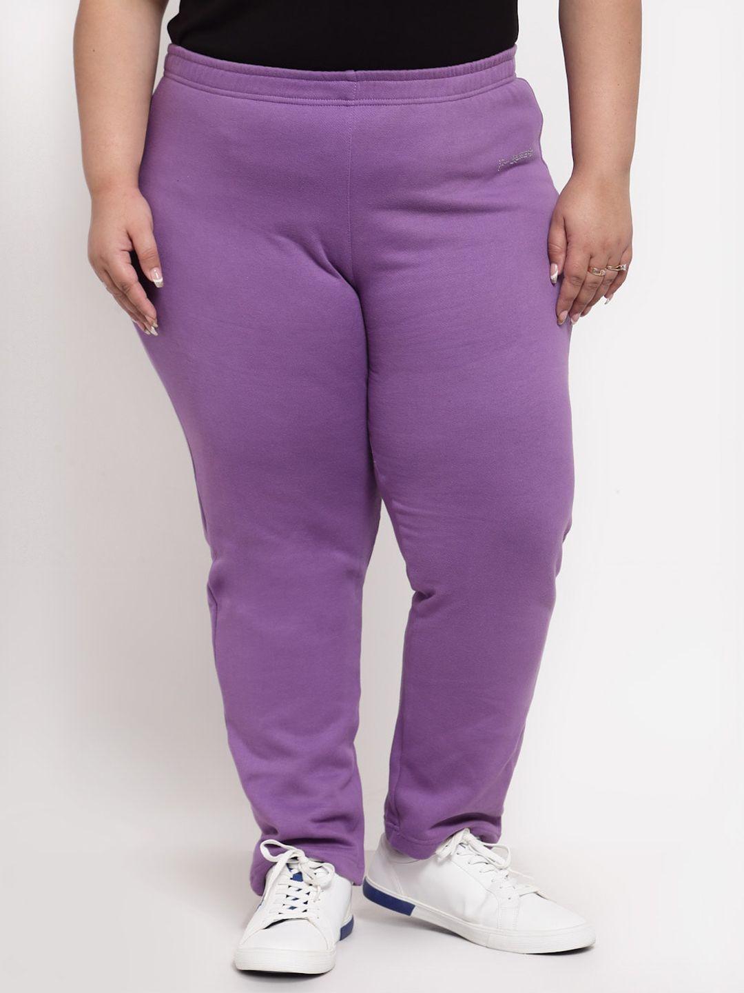 pluss-women-purple-solid-straight-fit-cotton-track-pants