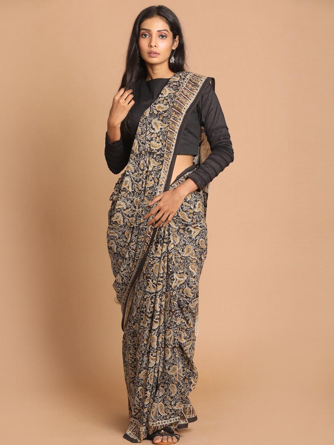 indethnic-black-&-beige-kalamkari-pure-cotton-block-print-saree