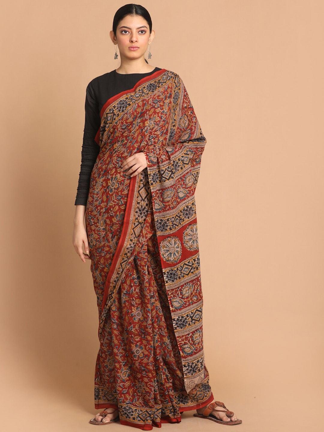 indethnic-red-&-black-kalamkari-pure-cotton-handblock-print-saree