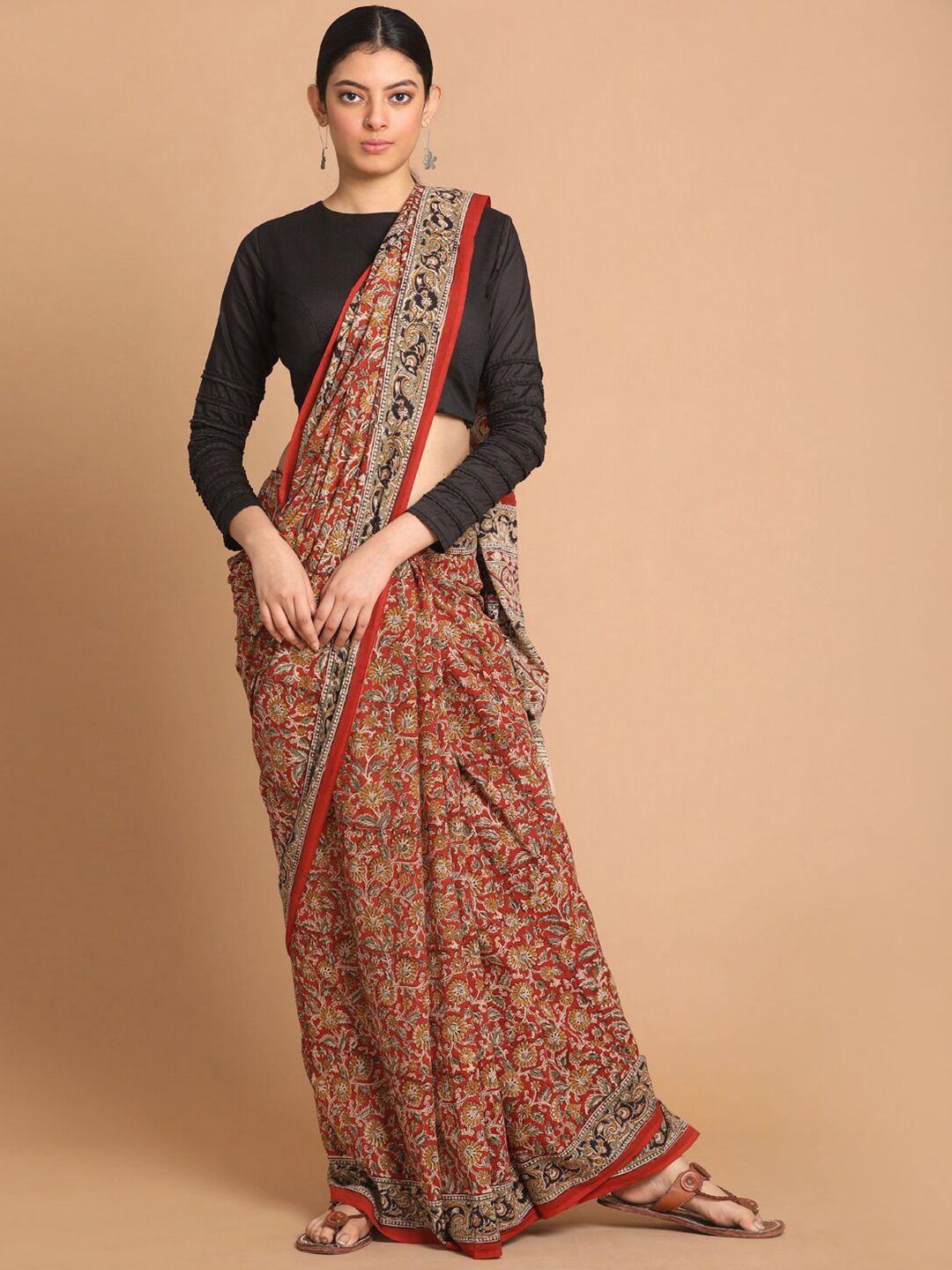 indethnic-red-&-black-kalamkari-printed-pure-cotton-block-print-saree