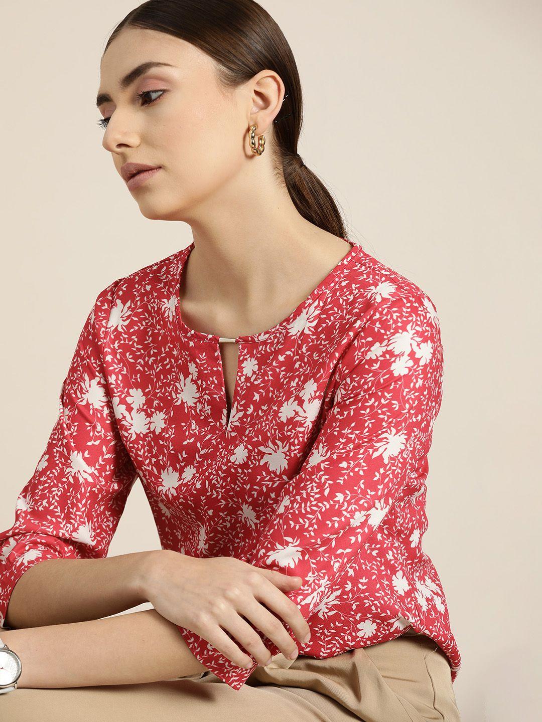 her-by-invictus-red-&-white-floral-print-keyhole-neck-top