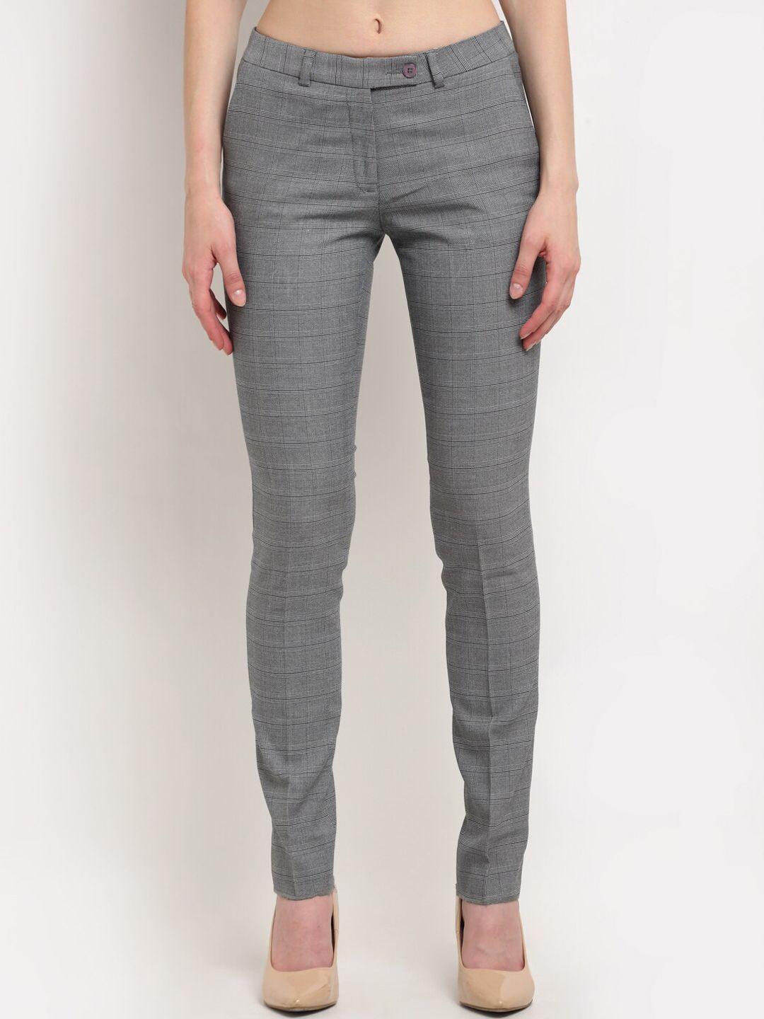 crozo-by-cantabil-women-grey-checked-slim-fit-trousers