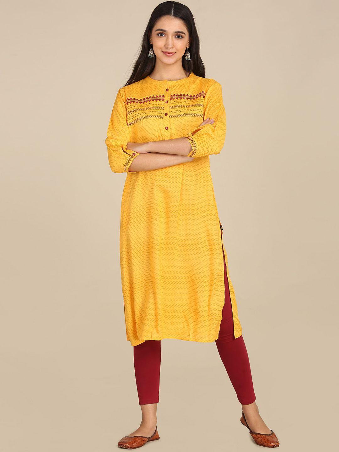 karigari-women-yellow-geometric-printed-thread-work-kurta