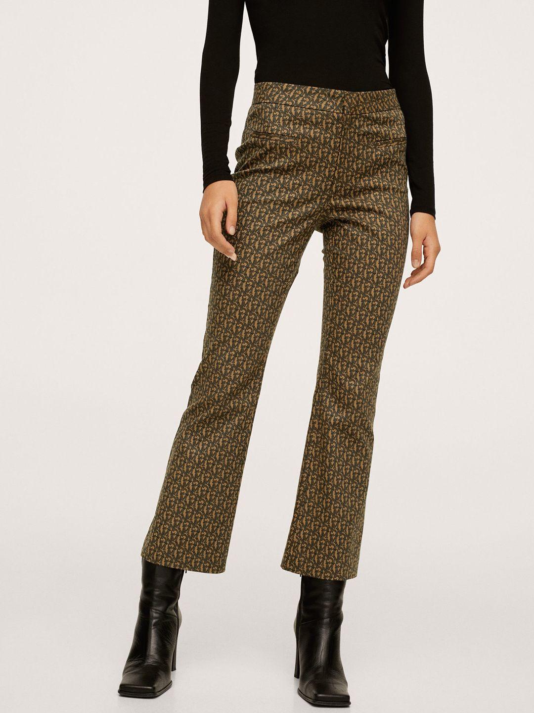 mango-women-brown-&-olive-green-printed-pleated-parallel-trousers
