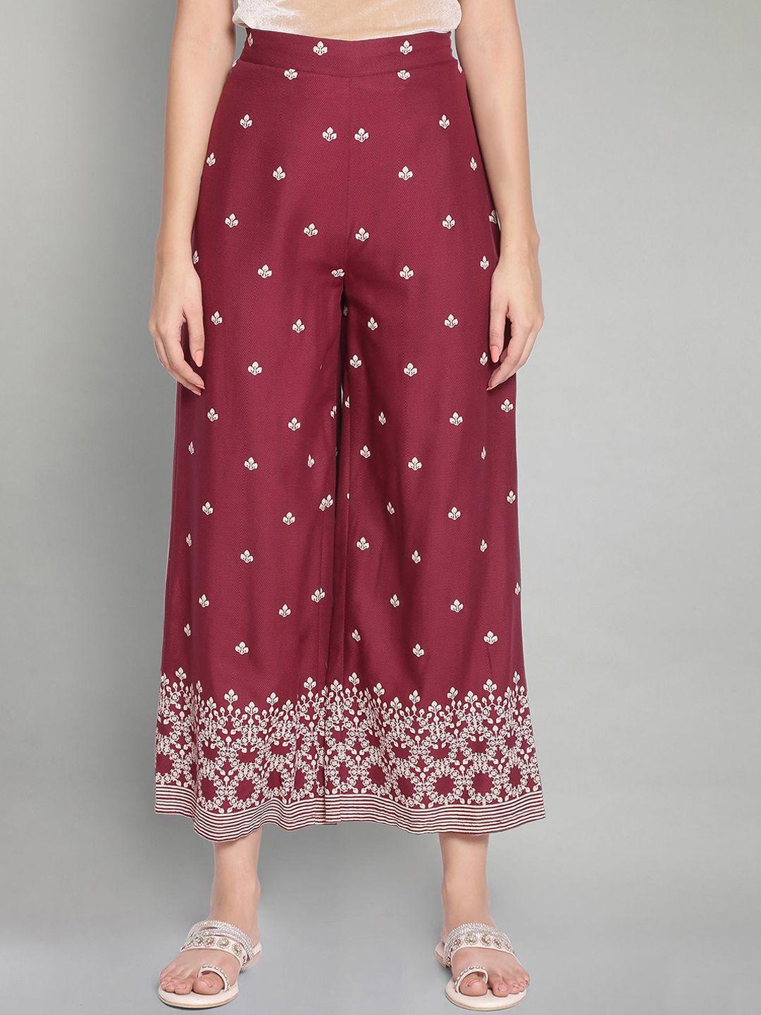 w-women-red-floral-printed-parallel-trousers