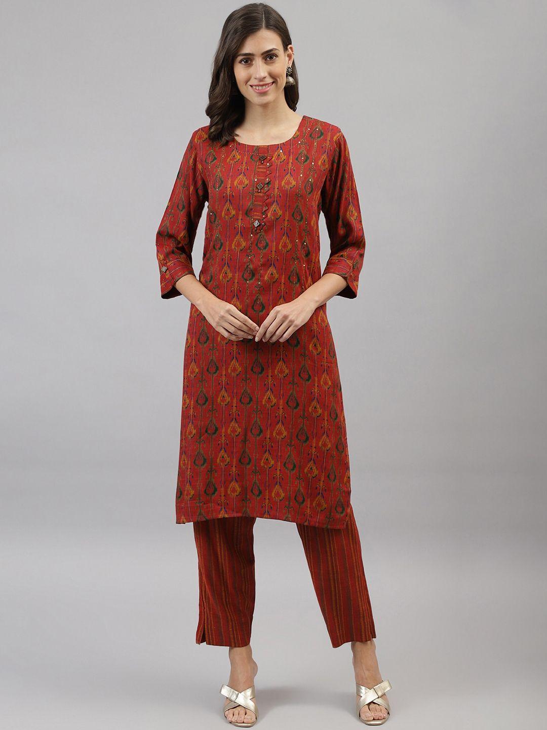 tankhi-women-rust-&-yellow-ethnic-motifs-printed-regular-kurta-with-trousers