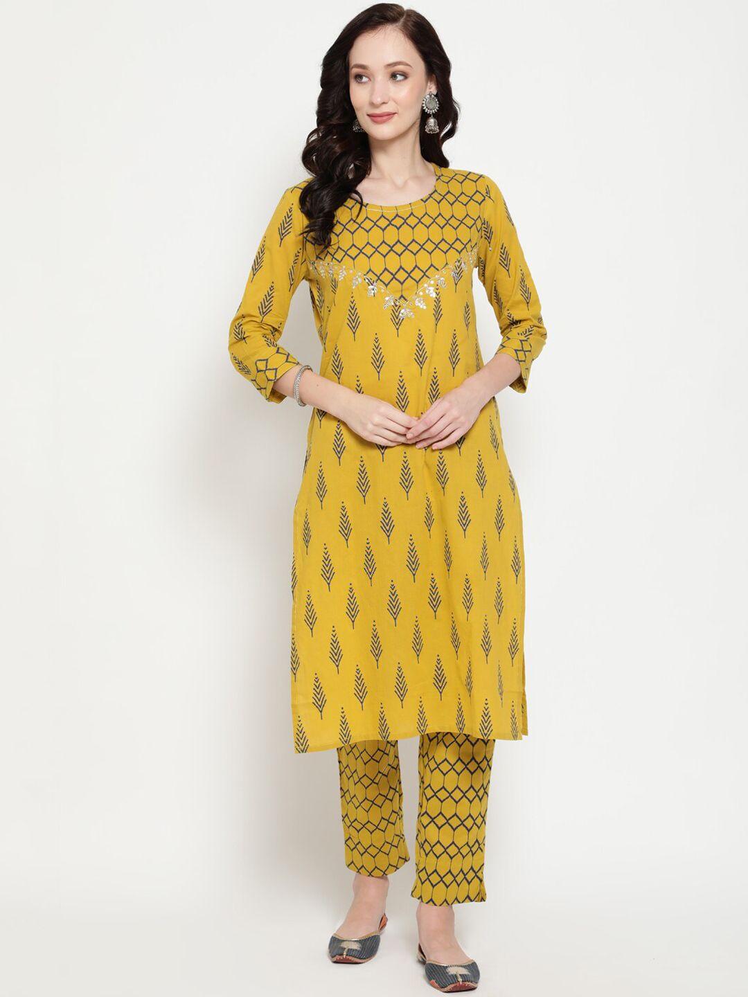 antaran-women-mustard-yellow-printed-thread-work-pure-cotton-kurta-with-trousers