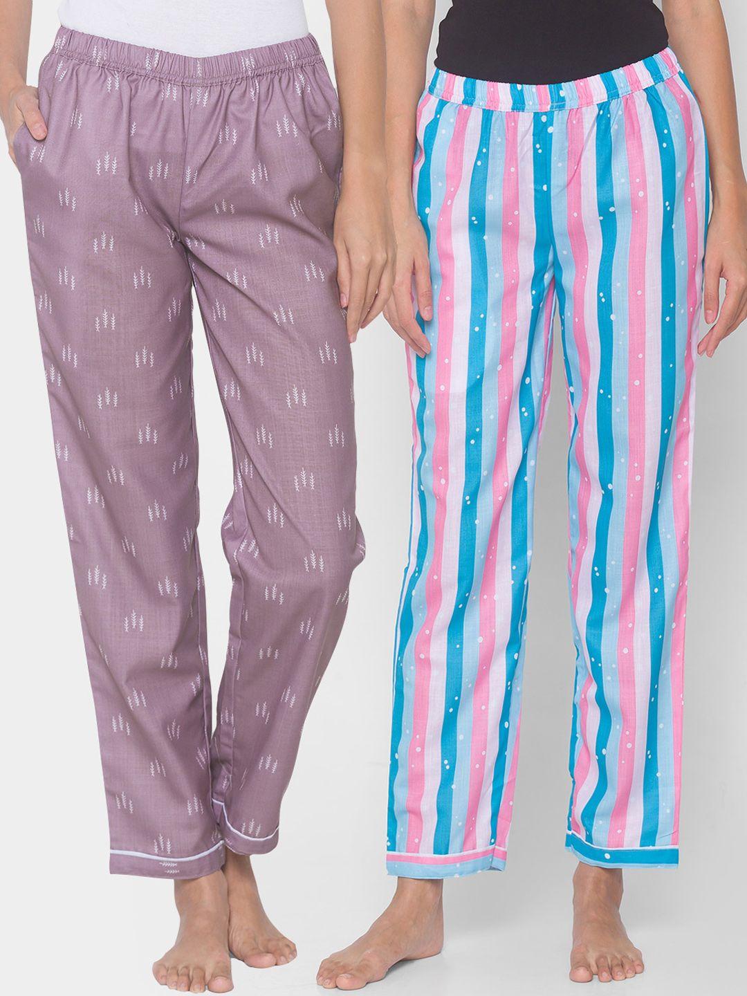 fashionrack-women-pack-of-2-purple-&-blue-printed-cotton-lounge-pants