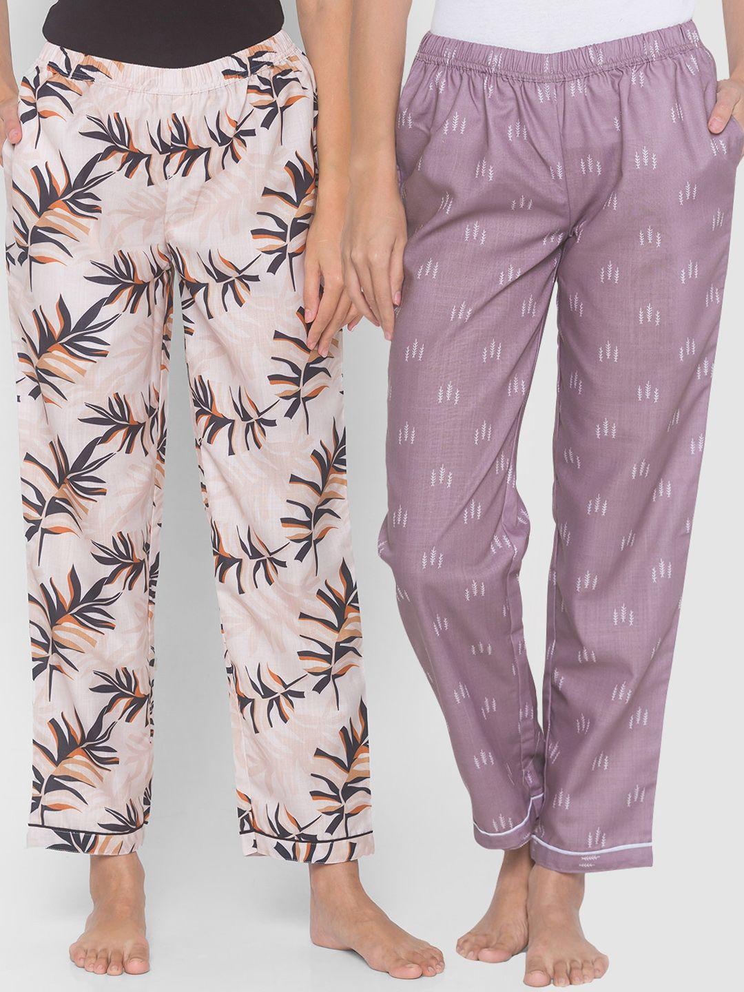 fashionrack-women-purple-&-beige-pack-of-2-cotton-printed-lounge-pants