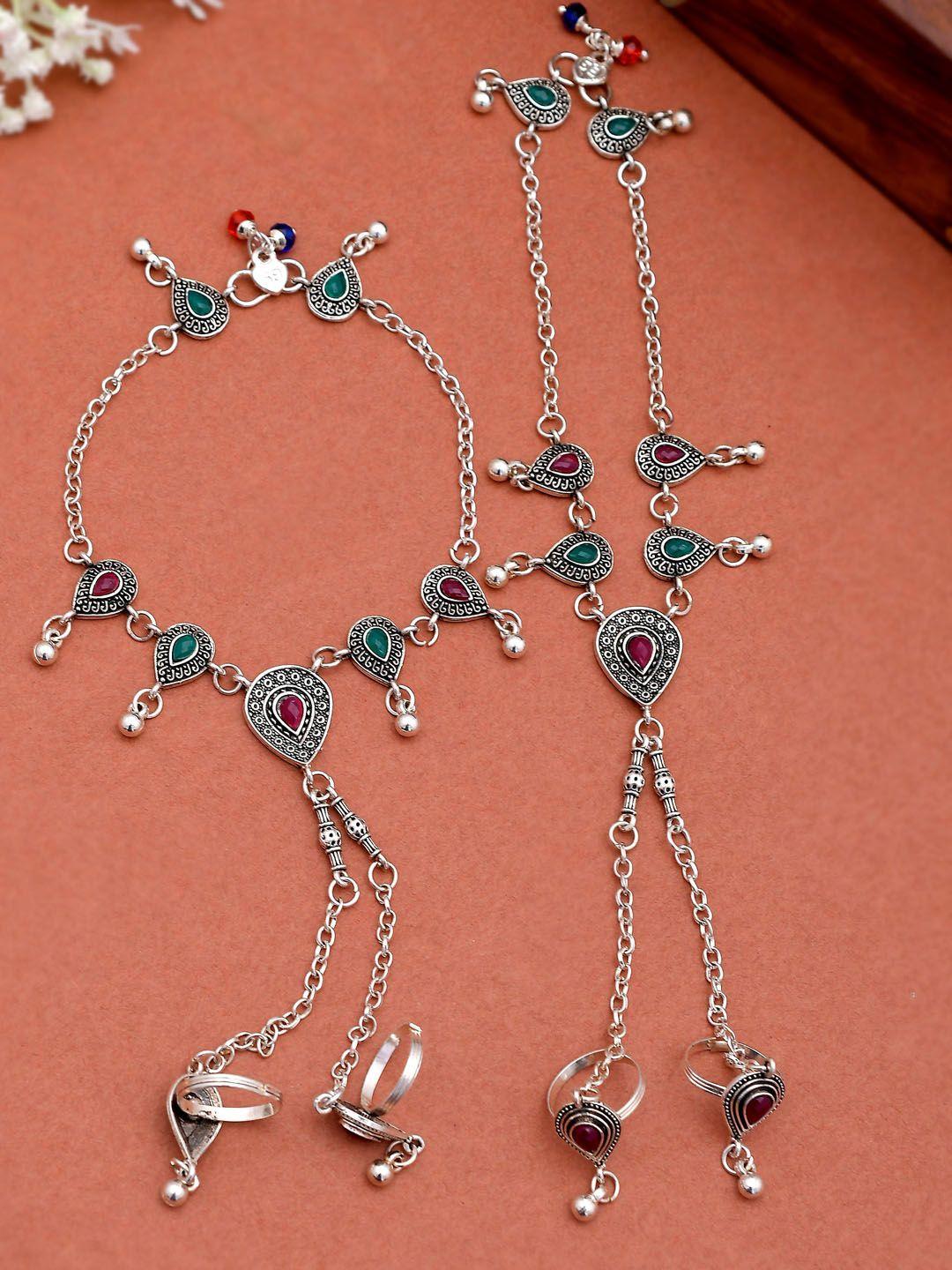 silvermerc-designs-set-of-2-silver-plated-stone-studded-beaded-handcrafted-anklets-with-toe-rings