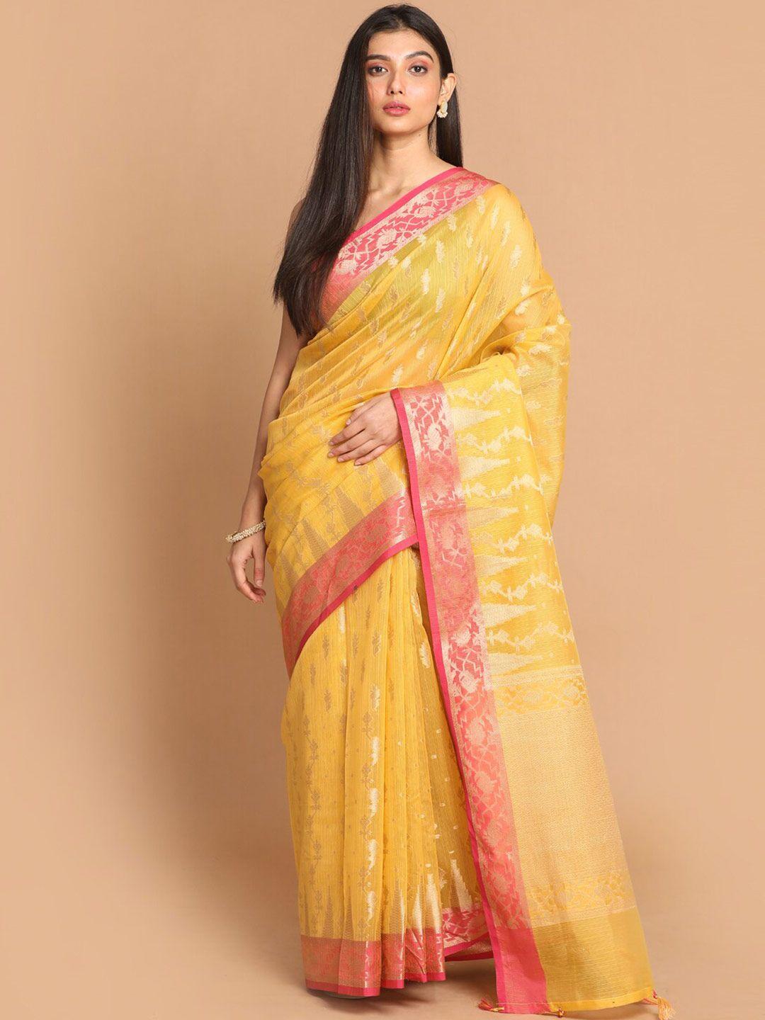 indethnic-yellow-&-pink-ethnic-motifs-zari-banarasi-saree