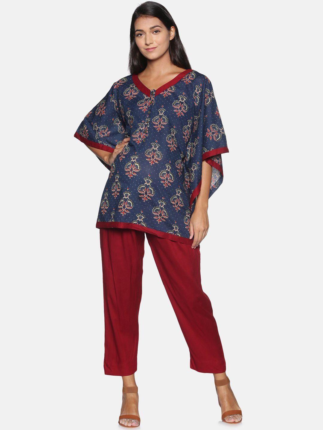 the-mom-store-women-navy-blue-&-maroon-printed-pure-cotton-kaftan-maternity-night-suit